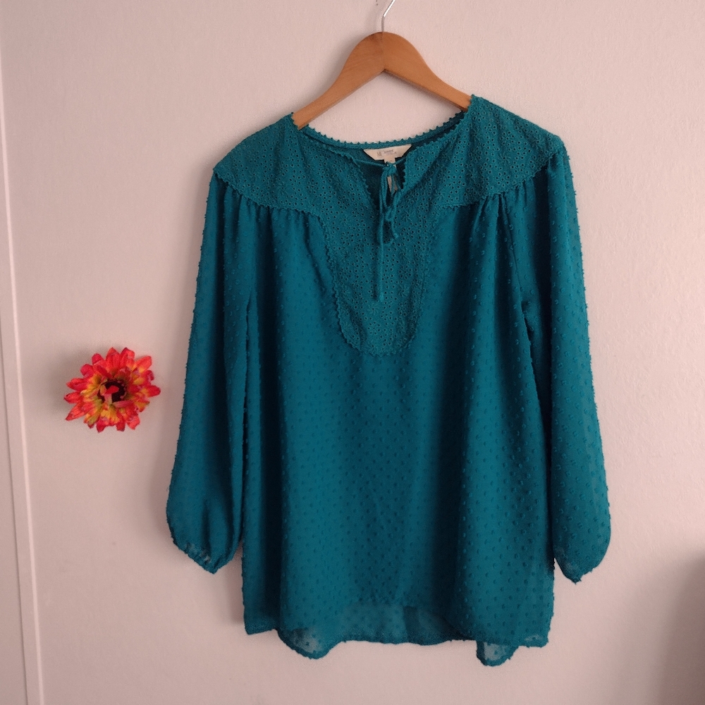 matilda jane medium long sleeve women's sheer top in bluegreen